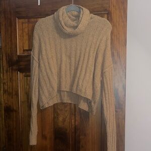 American Eagle Outfitters Cropped Ribbed Turtleneck Sweater - Tan
